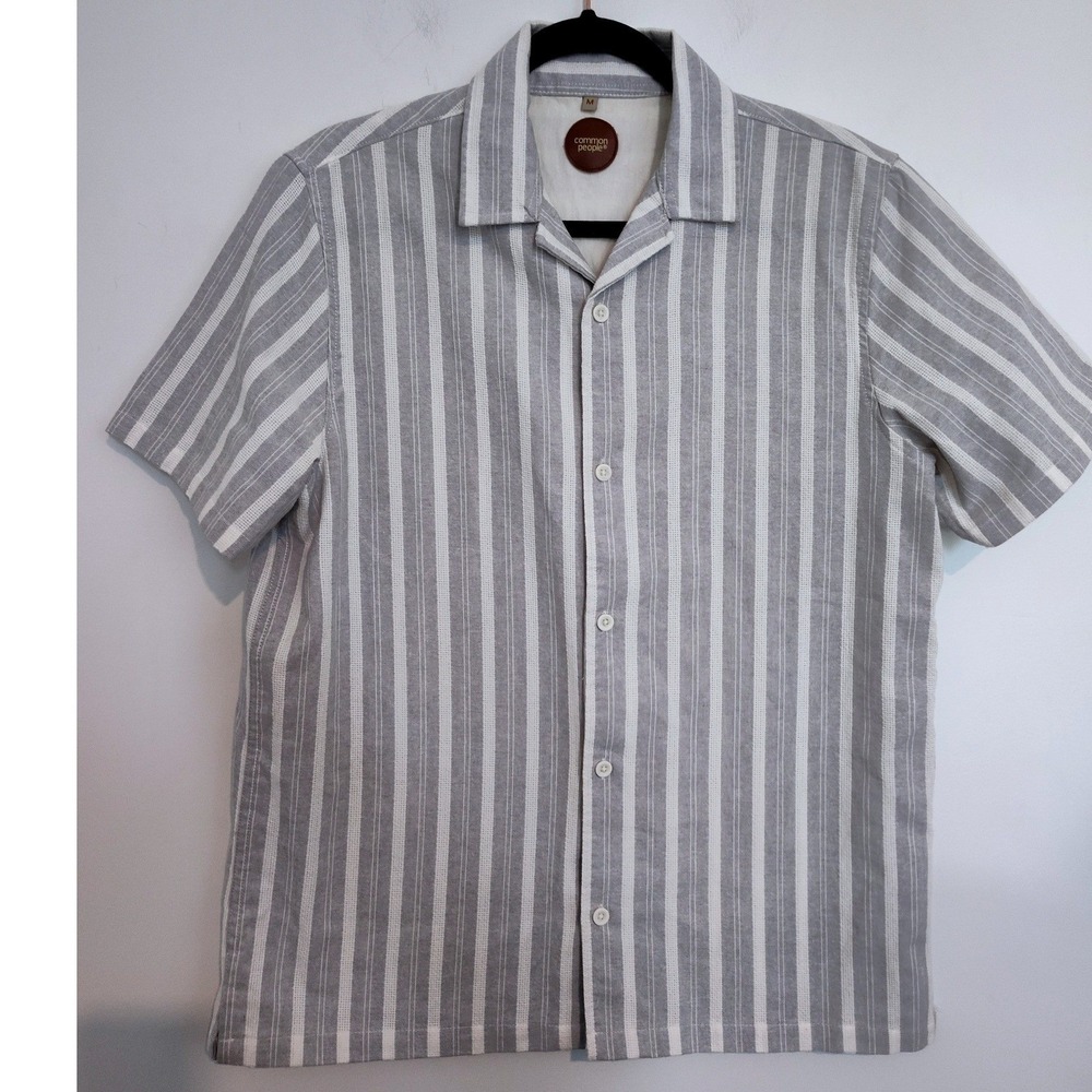Common People Mens Grey White Striped Short Sleeve Camp Collar Button Up Shirt M